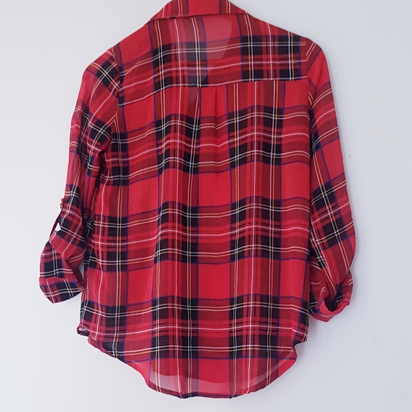 MINE Red Plaid Front Button Collared Chiffon Shirt - Picture 11 of 11